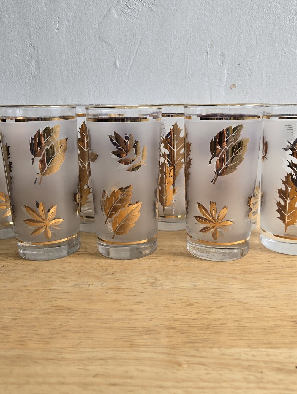 Vintage MCM Libbey Gold Leaf Frosted Drinking Tumbler Glasses Set of 8